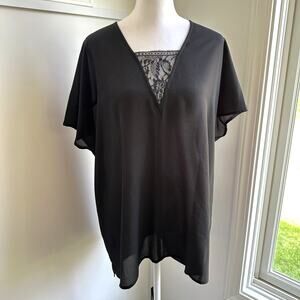 Kut From The Kloth Black Lace V-Neck Flowy Blouse Short Sleeve Large